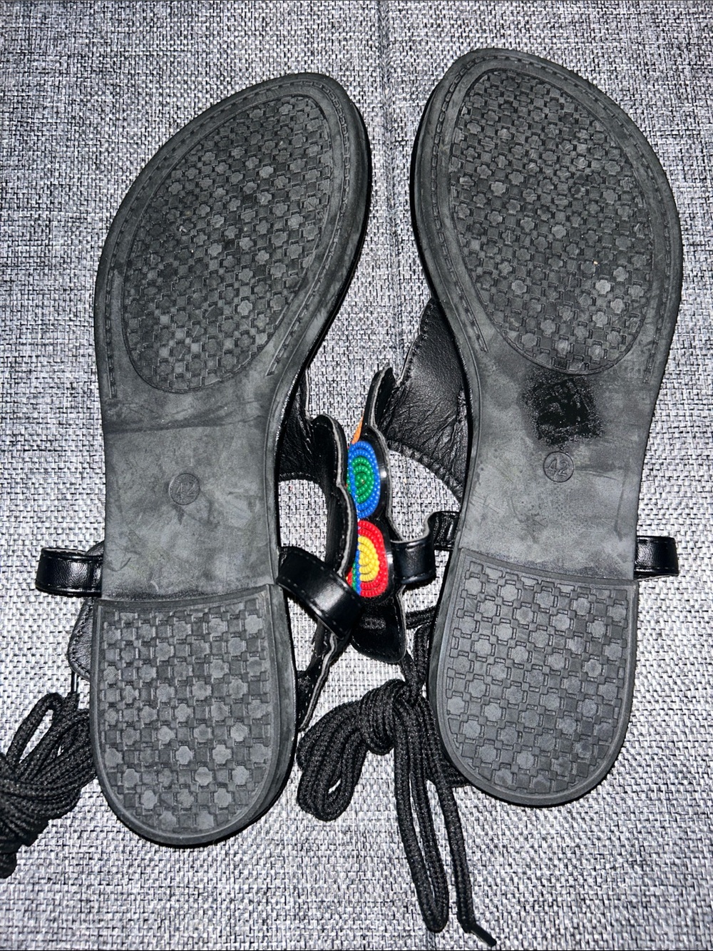 Black Beaded T-Strap Sandals with Rainbow Embroidery - Picture 5 of 7